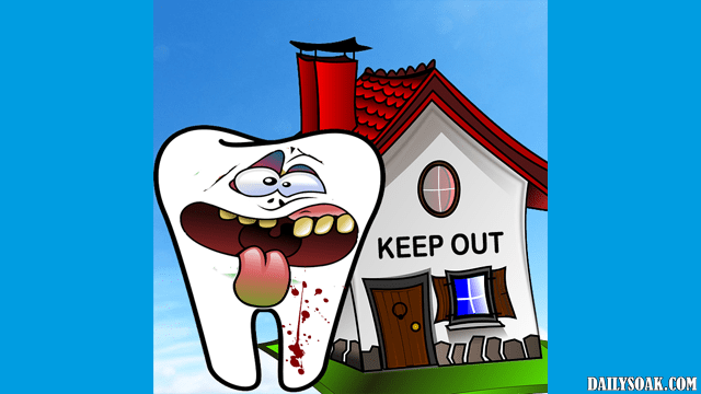 Large white cartoon tooth with blood on it in front of house.