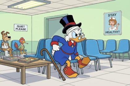 Scrooge McDuck standing inside his vault of gold.