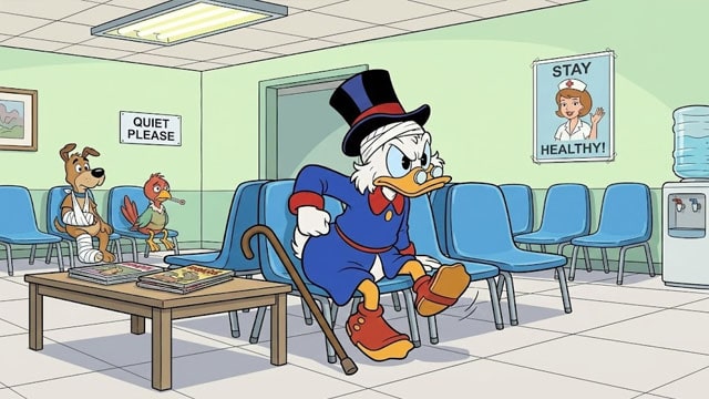 Scrooge McDuck standing inside his vault of gold.