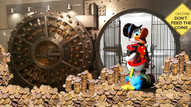 Scrooge McDuck standing inside his vault of gold.