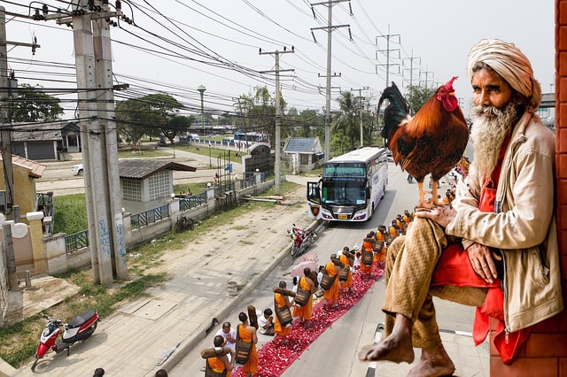 Indian man with chicken on his lap in India.