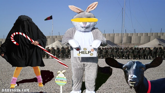 Satire with Easter Bunny being held captive by terrorist group.