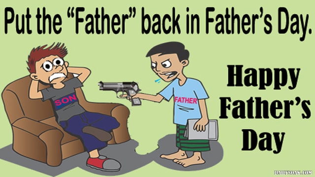Funny cartoon of father holding gun at son for Father's Day.