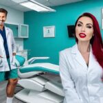 Handsome controversial male nude dentist wearing white lab coat with beautiful red head female dental hygienist wearing white lab coat in parody nude dentist office.