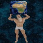 Parody of flat earth showing Atlas holding up square-earth.
