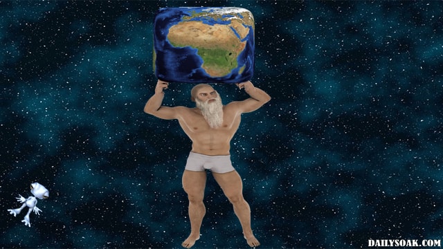 Parody of flat earth showing Atlas holding up square-earth.