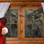 Santa Claus in red suit inside brown house.