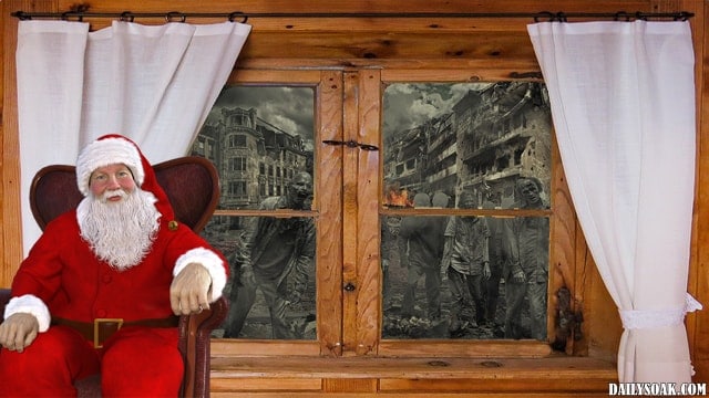 Santa Claus in red suit inside brown house.