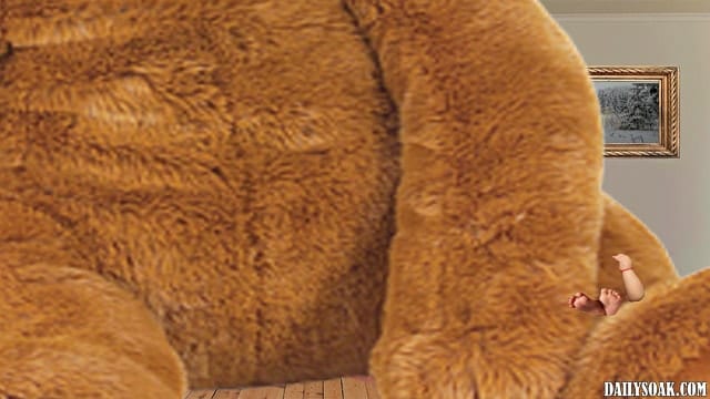 Funny fake photo showing baby boy trapped under 25 foot tall teddy bear.