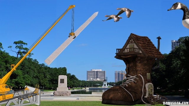 Washington Monument being taken down to make way for a shoe house.