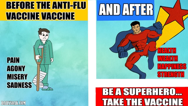Cartoon parody of a flu shot advertisement.