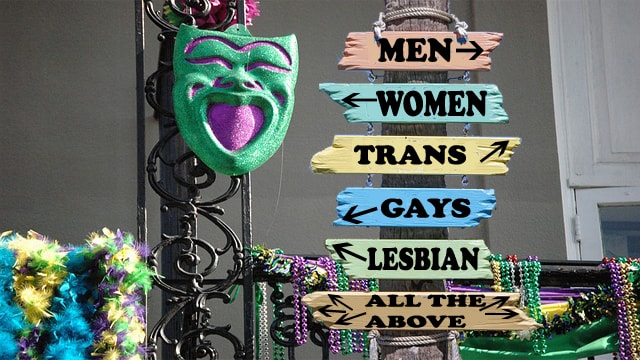 Funny Mardi Gras sign separating partiers based on gender and sexual orientation.