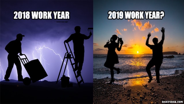 Side by side comparison of people working on Labor Day versus having fun.