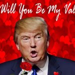 President Donald Trump surrounded by Valentine's Day hearts.
