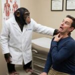 Chimpanzee wearing white lab coat posing as a chiropractor.