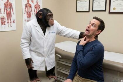 Chimpanzee wearing white lab coat posing as a chiropractor.