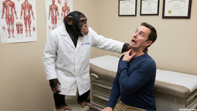 Chimpanzee wearing white lab coat posing as a chiropractor.