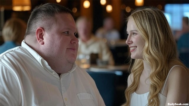 Big guy standing next to a skinny woman inside of a restaurant.