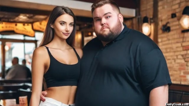 Big guy standing next to a skinny woman inside of a restaurant.
