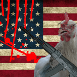 White chicken holding an AK-47 gun in front of US flag.
