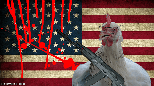 White chicken holding an AK-47 gun in front of US flag.
