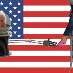 Joe Biden near woman in jeans in front of American flag.