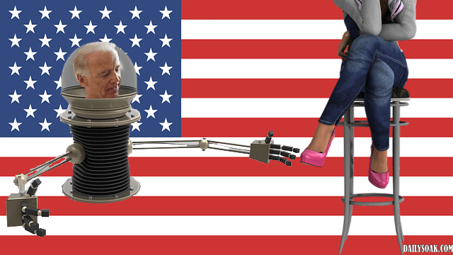 Joe Biden near woman in jeans in front of American flag.