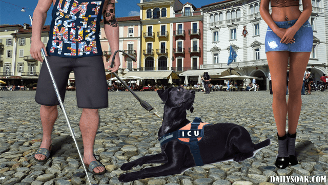 Blind man walking black dog in front of woman wearing blue skirt.