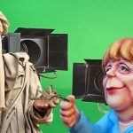 Angel Merkel handing her car keys to a Syrian refugee.