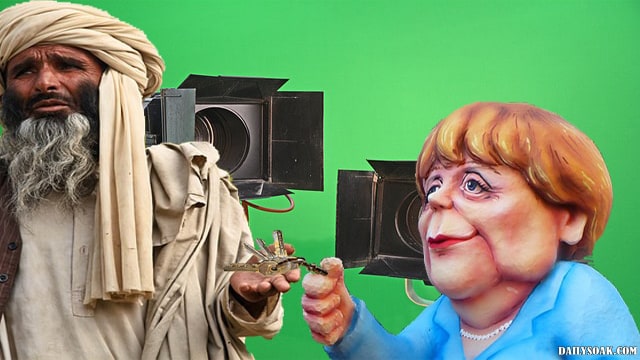 Angel Merkel handing her car keys to a Syrian refugee.