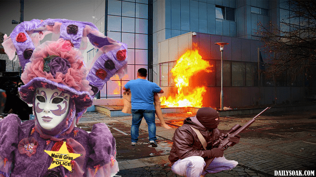 Man in purple costume celebrating Mardi Gras as crime happens.