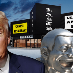 Donald Trump in front of Chinese restaurant as two Chinese people laugh.