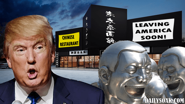 Donald Trump in front of Chinese restaurant as two Chinese people laugh.