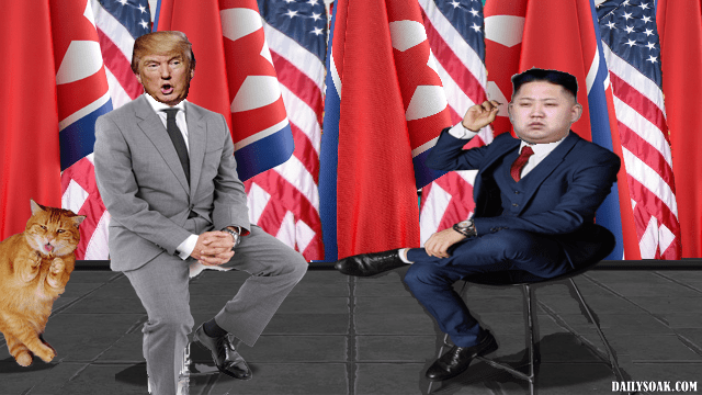 Donald Trump and Kim Jong-Un sitting down at a meeting.