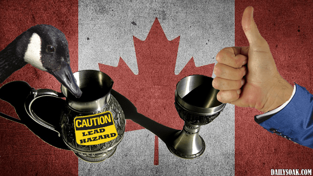 Canadian goose, lead goblets, and a thumb's up in front of Canada flag.