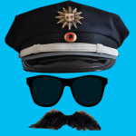 Police hat sunglasses and mustache against blue background
