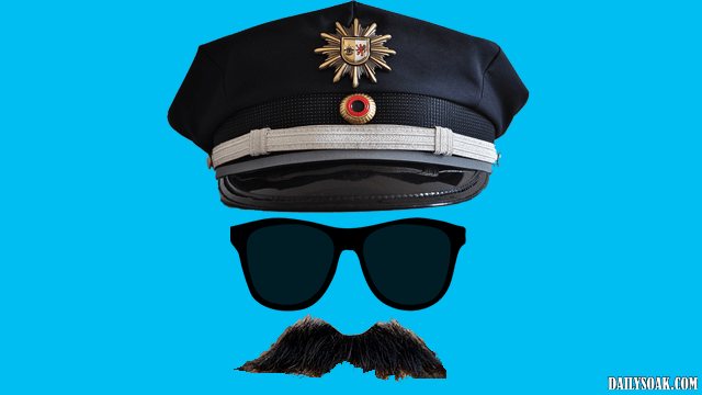 Police hat sunglasses and mustache against blue background