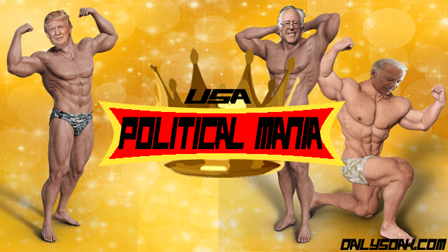 WWE parody with Donald Trump, Joe Biden, and Bernie Sanders heads on muscular bodies.