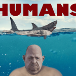 Parody Jaws poster with large human attacking shark.