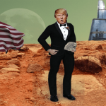 Donald Trump standing on Mars with a USA flag.