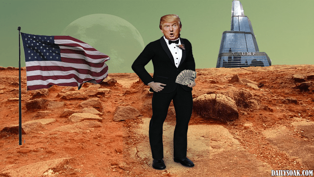 Donald Trump standing on Mars with a USA flag.