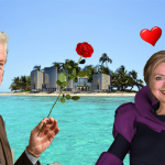 Bill Clinton handing Hillary Clinton a rose on a beautiful beach.