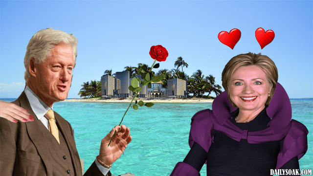 Bill Clinton handing Hillary Clinton a rose on a beautiful beach.