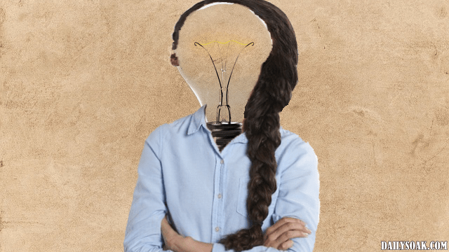 Woman with a light bulb for a head.