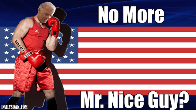 Joe Biden wearing boxing gloves in front of American flag.