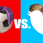 White and black soccer ball and blue Twitter logo.