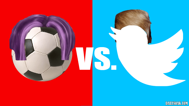 White and black soccer ball and blue Twitter logo.