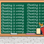 Ilhan Omar in front of green chalkboard with words 'cheating is wrong' written on it.