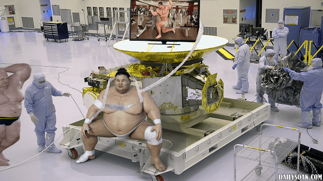 A fat Asian man hooked up to a space age machine in laboratory.