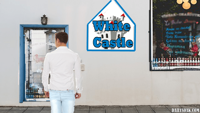 White man wearing white clothes walking into White Castle.